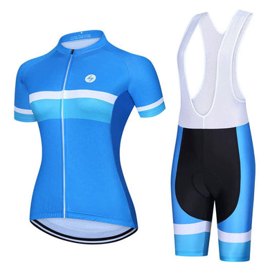 a blue and white cycling suit and bib