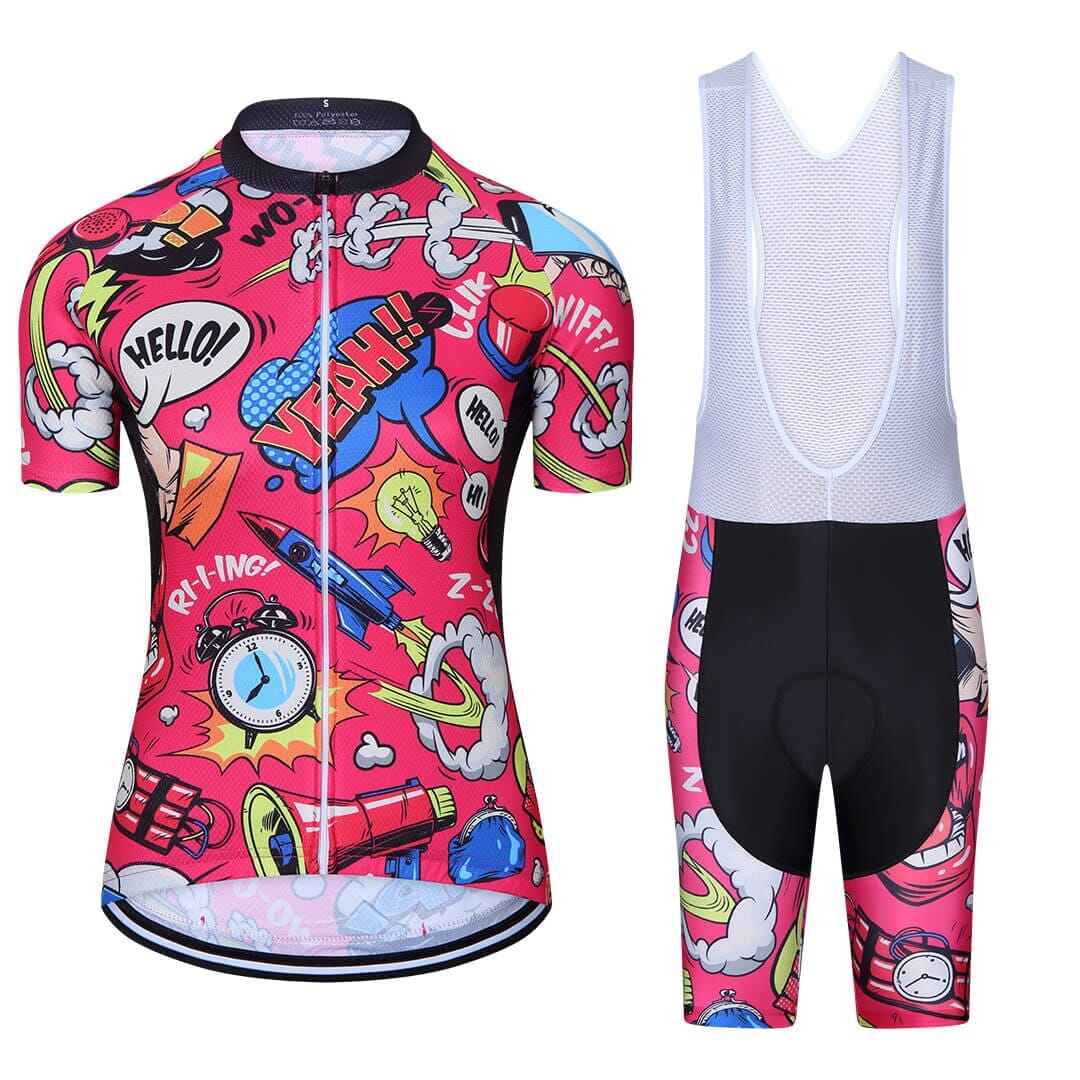 a pink cycling suit and bib shorts