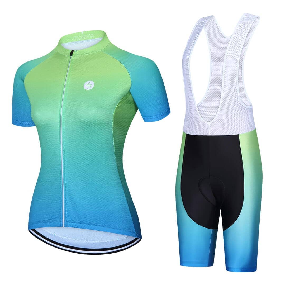 a green and blue cycling jersey and bib