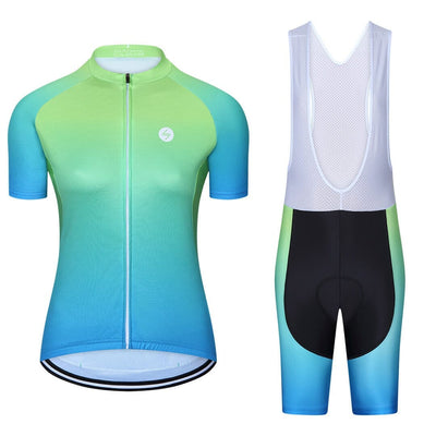 a blue and green cycling jersey and bib