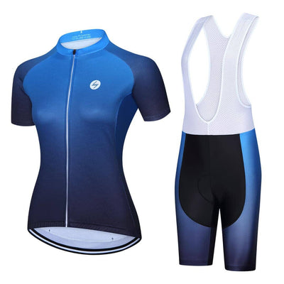 a blue and white cycling suit and bib