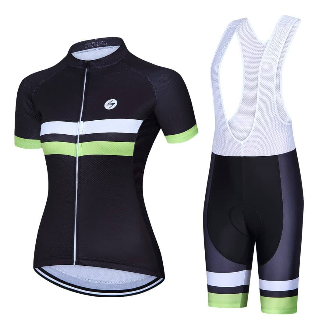 a black and green cycling suit with a bib