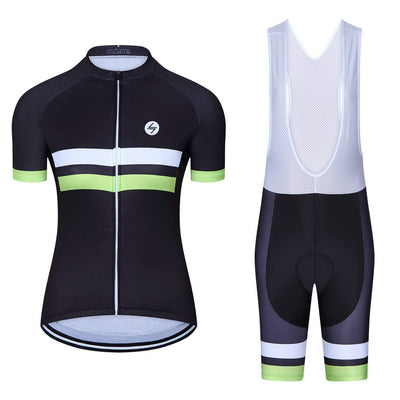 a black and white cycling suit with a yellow stripe