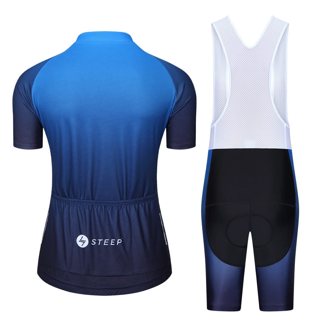 a blue and white jersey and bib shorts