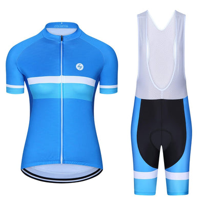 a blue cycling suit and bib shorts