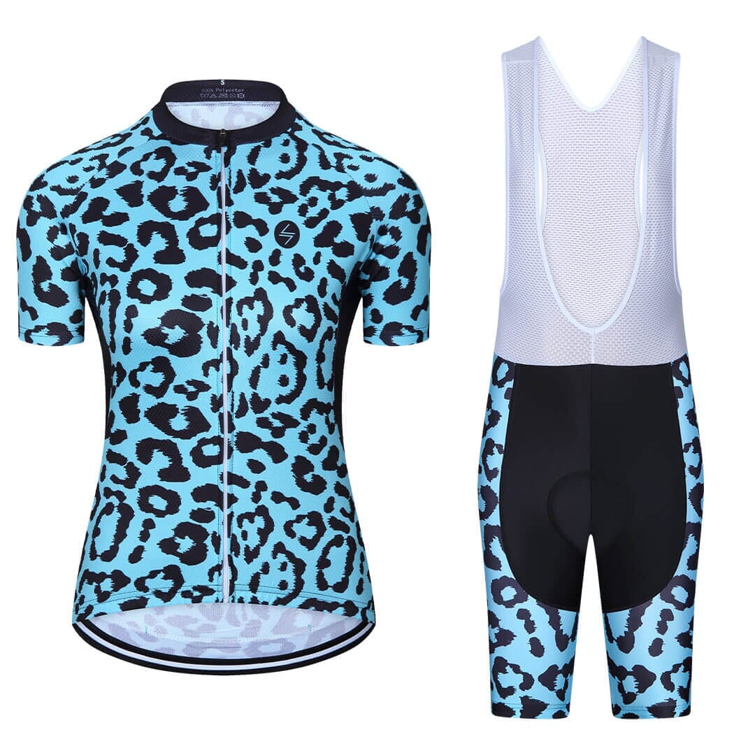 a blue and black leopard print cycling jersey and bib shorts